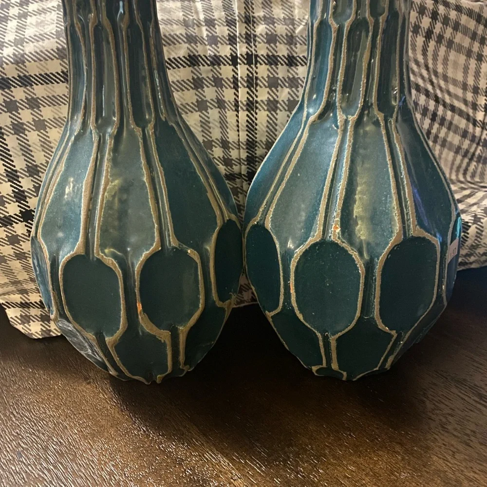 West Elm turquoise hexagon tall narrow vases.